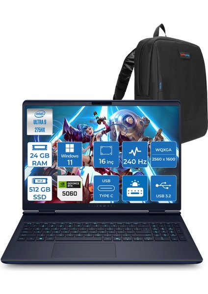 Alienware 16X Aurora AC16251 Ultra 9 275HX Ddr5 24GB 512GB SSD 8GB/RTX5060 115W 16INÇ Wqxga 240Hz 500NITS WINDOWS11HOME Gaming Laptop AC162515060H01+ZETTAÇANTA