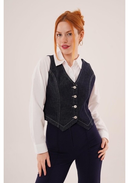 Düğme ve Ön Dikiş Detaylı Lacivert Jean Yelek
