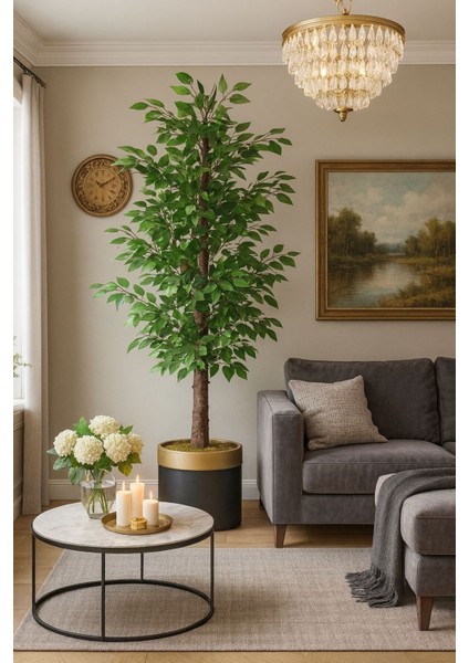 Yapay Benjamin Ağaç 1.50 Metre Lux Xl Gold Kemerli Saksıda Dolomit Taşı Dahildir Kayraflow2, One Size