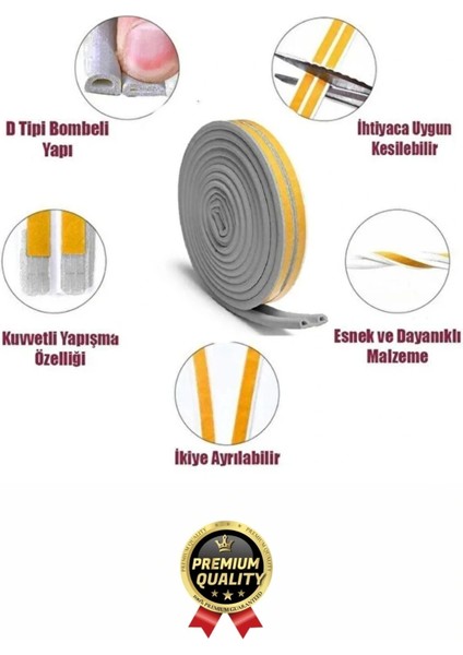 Güçlü Kendinden Yapışkanlı Kapı Pencere Soğuk Hava Geçirmez Yalıtım Izolasyon Gri Fitil 10 Metre