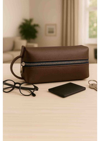 Vegan Deri Unisex El Yapımı Kozmetik Aksesuar Modern Şık Tasarım El Çantası Kahverengi 22X8X8 cm