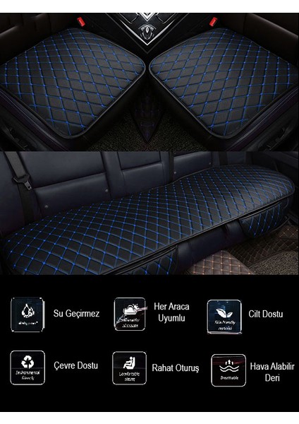 Volkswagen Jetta 2011 ve Sonrası Ön ve Arka Takım Koltuk Minderi Kılıf Siyah Suni Deri Mavi Dikişli Mixgiftz