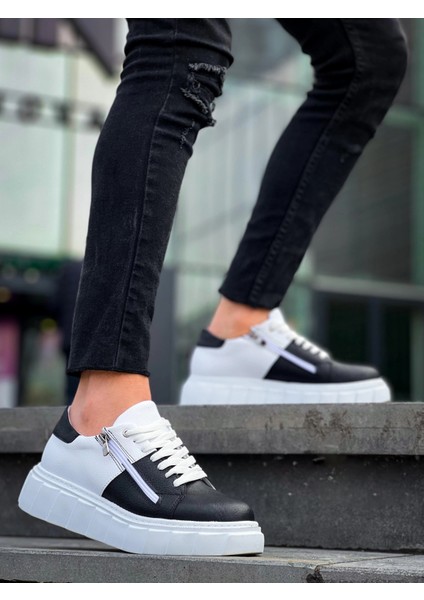 KB-X155 Kuback Siyah Cilt Beyaz Cilt Detaylı Beyaz Yüksek Taban Günlük Spor Ayakkabı