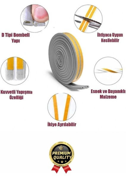 Güçlü Kendinden Yapışkanlı Kapı Pencere Soğuk Hava Geçirmez Yalıtım Izolasyon Gri Fitil 4 Metre