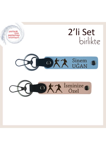 Yumrukla Yükselen Kalplere, Dövüş Temalı, Isme Özel Anahtarlık Seti, Gök Mavi-Yavru Ağzı