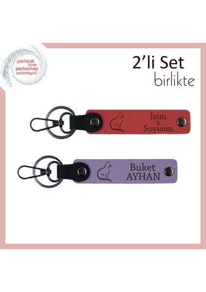 Kediye Saygı Armağanı, Isme Özel Yazılı Deri Anahtarlık, Nar Çiçeği-Mor Menekşe