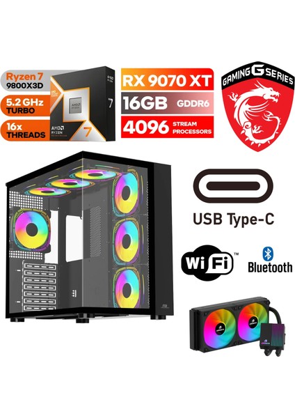 Şafak-Gaming Pc Ddr5 -Rx 9070XT 16 GB – Ryzen 7 9800X3D – 32GB -64GB Ddr5 Ram – 1 Tb M.2 SSD - Sıvı Sogutmalı - Windows 11 Pro