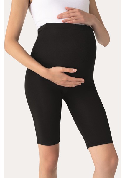 Diz Üstü Biker Esnek Ayarlanabilir Bel Kısa Hamile Tayt Siyah