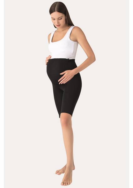 Diz Üstü Biker Esnek Ayarlanabilir Bel Kısa Hamile Tayt Siyah fırsatları
