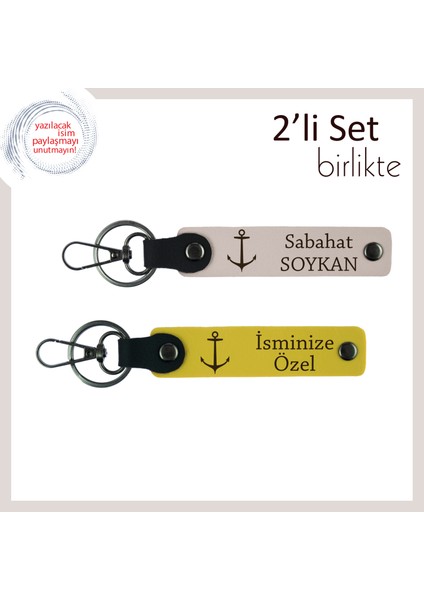 Yelkenli Kaptanlarına Uygun Hediye, Gemici Çıpası Figürlü Kişisel 2’li Anahtarlık, Pudra-Sarı