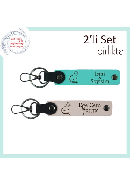 Evdeki Mırıl Mırıl Enerjiye, Kedi Figürlü, Kişisel Yazılı 2’li Anahtarlık, Turkuaz-Pudra