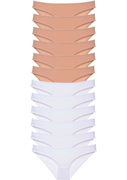 12 Adet Süper Eko Set Likralı Kadın Slip Külot Ten Beyaz