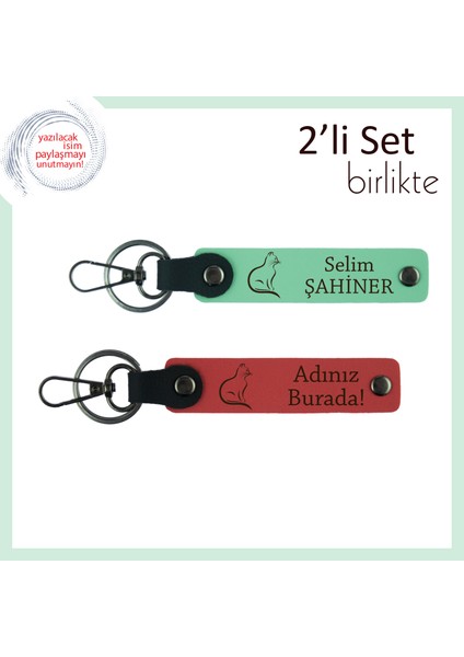 Sokaktaki Kedilere Saygı Hediyesi, Isme Özel Yazılı, Kedili Deri Anahtarlık, Açık Yeşil-Nar Çiçeği
