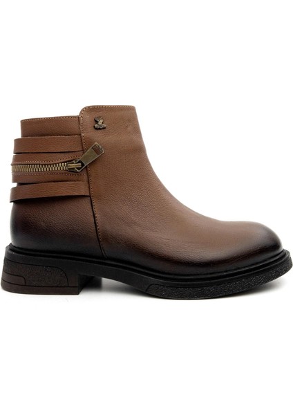 2551022K Kadın Hakiki Deri Fermuar Desen Kısa Bot