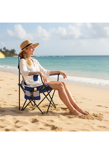 Kamp Sandalyesi, Outdoor, Plaj ve Piknik Için Katlanır Kamp Sandalyesi, Xl Boy- Mavi - Beyaz modelleri