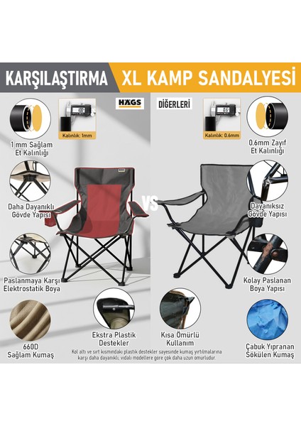 Kamp Sandalyesi, Outdoor, Plaj ve Piknik Için Katlanır Kamp Sandalyesi, XL Boy- Kahve - Gri