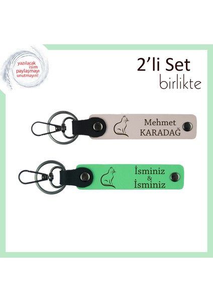 Mırlayan Kalplere Tarz Hediye, Kedili Desen, Kişisel Deri Anahtarlık, Pudra-Fıstık Yeşil