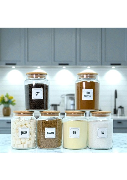6'lı Ahşap Vakum Kapaklı Cam Un Tuz Çay Şeker Türk Kahvesi Hazır Kahve Saklama Kavanozu Seti