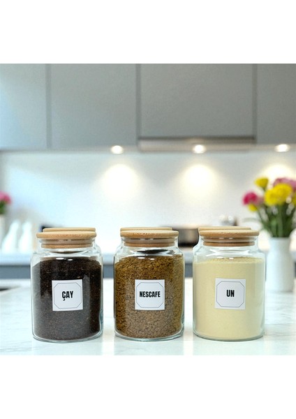 6'lı Ahşap Vakum Kapaklı Cam Un Tuz Çay Şeker Türk Kahvesi Hazır Kahve Saklama Kavanozu Seti