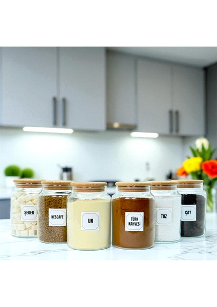 6'lı Ahşap Vakum Kapaklı Cam Un Tuz Çay Şeker Türk Kahvesi Hazır Kahve Saklama Kavanozu Seti