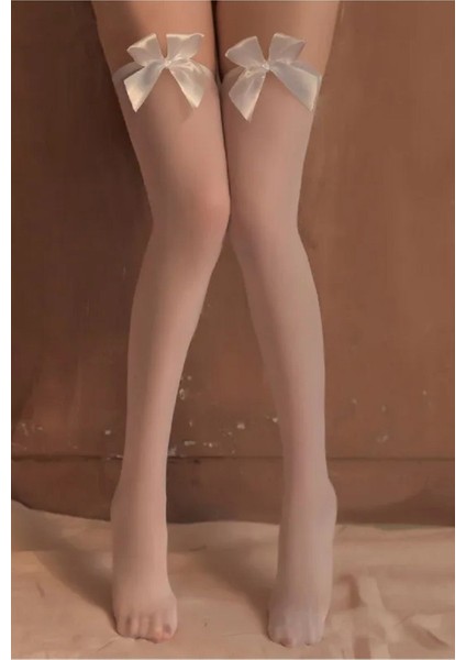 Kadın Beyaz Seksi Beyaz Fiyonklu Jartiyer Çorabı