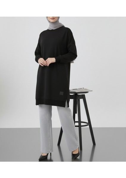 Tesettür Siyah Uzun Sweat Tunik, Pamuklu Oversize Salaş Model