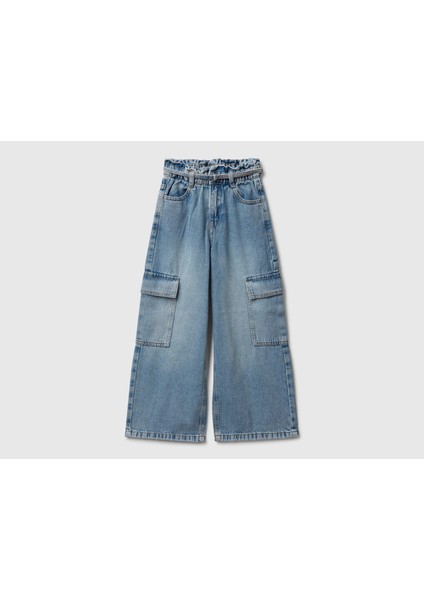 Kız Çocuk Koyu Mavi Beli Bağlamalı Kargo Stili Wide Fit Denim Pantolon