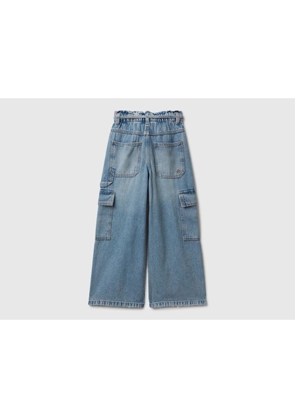 Kız Çocuk Koyu Mavi Beli Bağlamalı Kargo Stili Wide Fit Denim Pantolon fiyatları