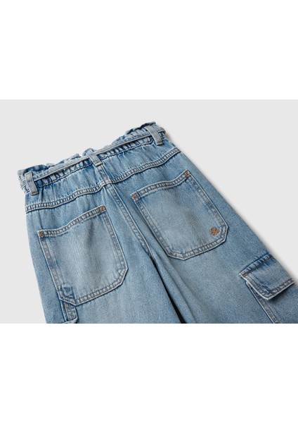 Kız Çocuk Koyu Mavi Beli Bağlamalı Kargo Stili Wide Fit Denim Pantolon modelleri