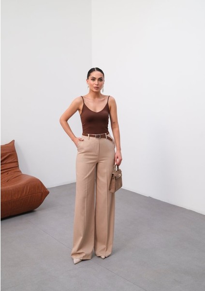 Keten Kemerli̇ ve Dökümlü Palazzo Pantolon (Kemer Dahi̇l)