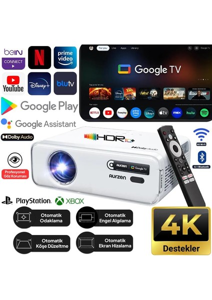 Aurzen D1G Android Google Tv 4K Destekli Projeksiyon Cihazı +HDR10+AUTO Focus+Auto Keystone+6g Wifi+6.1bt+Dolby Ses Sistemi - Ps5/ps4/xbox