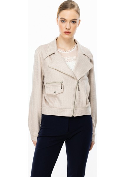 Kadın Kruvaze Yaka Desenli Mont 6012 Kum