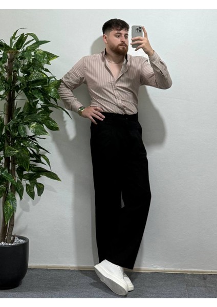 Erkek Bej Çizgili Uzun Kollu Slim Fit Şık Ofis Günlük Klasik Kombin Tarz Gömlek