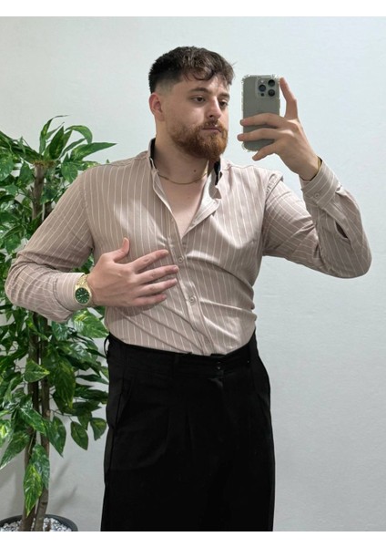 Erkek Bej Çizgili Uzun Kollu Slim Fit Şık Ofis Günlük Klasik Kombin Tarz Gömlek fiyatları