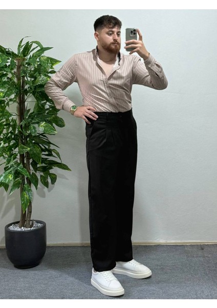 Erkek Bej Çizgili Uzun Kollu Slim Fit Şık Ofis Günlük Klasik Kombin Tarz Gömlek modelleri