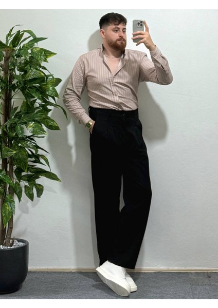 Erkek Bej Çizgili Uzun Kollu Slim Fit Şık Ofis Günlük Klasik Kombin Tarz Gömlek fırsatları