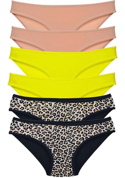 6 Adet Likralı Kadın Slip Külot Leopar Ten Sarı