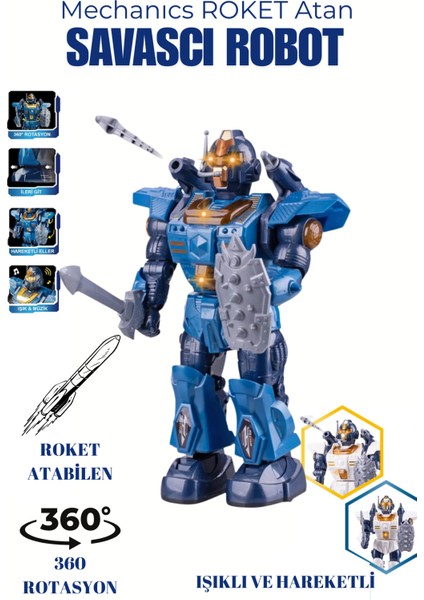 Roket Atan Savaşçı Robot Mekanik Pilli Işıklı Hareketli Mavi