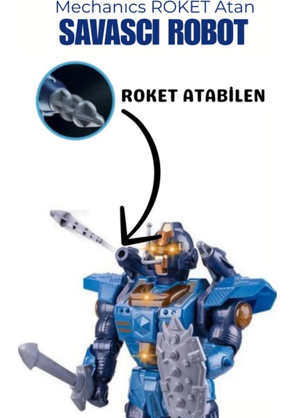 Roket Atan Savaşçı Robot Mekanik Pilli Işıklı Hareketli Mavi fırsatları