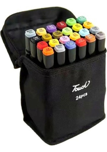 24'lü Fırça Uçlu ve Kalın Uç Çift Taraflı Art Marker Boya Kalem Seti Çantalı ve Standlı