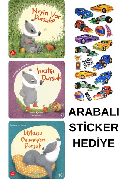 Arabalı Sticker Hediyeli - Okul Öncesi Resimli Kitaplar Masal - Porsuk Serisi 3 Kitap