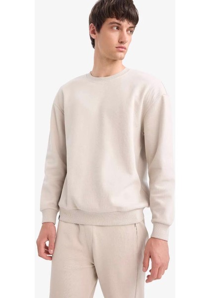 Boxy Fit Bisiklet Yaka Basic Düz Pike Taş Erkek Sweatshirt E1519AX/BG766 modelleri
