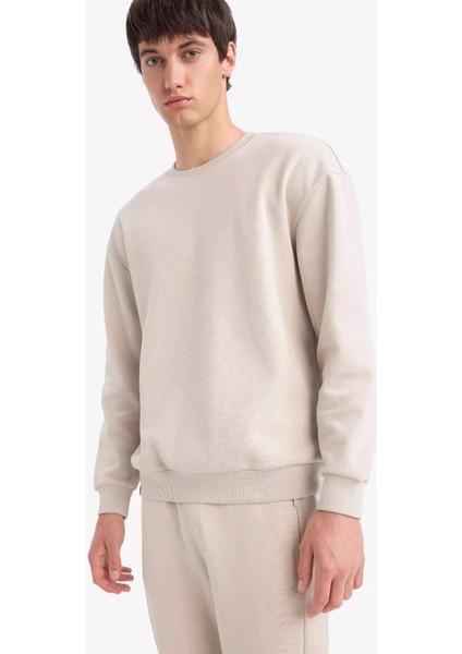 Boxy Fit Bisiklet Yaka Basic Düz Pike Taş Erkek Sweatshirt E1519AX/BG766 fırsatları