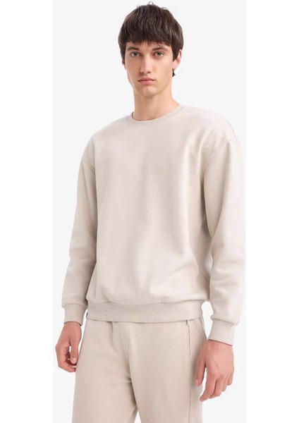 Boxy Fit Bisiklet Yaka Basic Düz Pike Taş Erkek Sweatshirt E1519AX/BG766 indirimleri