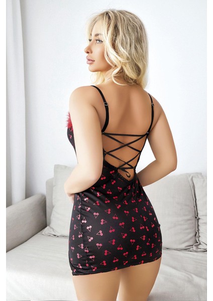 Bicomi Kiraz Desenli Peluş Detaylı Mini Fantezi Gecelik modelleri