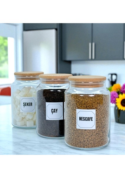 3'lü Ahşap Vakum Kapaklı Cam Çay Hazır Kahve Şeker Saklama Kavanozu Seti 800 ml Etiket Hediyeli