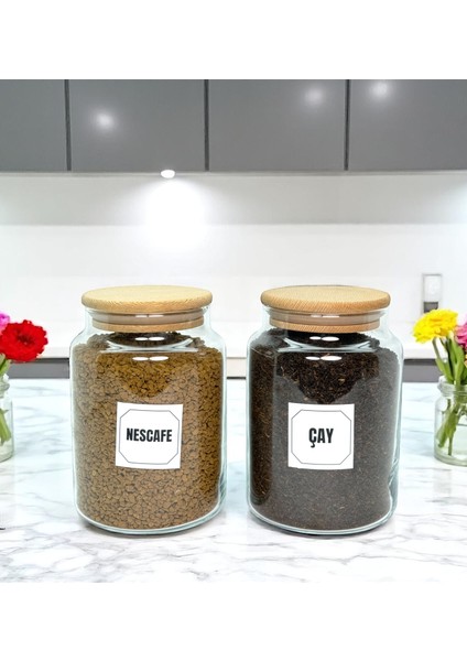 2'li Ahşap Vakum Kapaklı Cam Hazır Kahve Çay Saklama Kavanozu Seti 800 ml Etiket Hediyeli