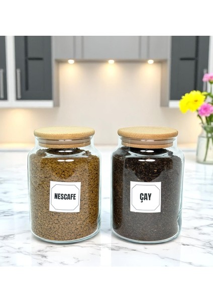 2'li Ahşap Vakum Kapaklı Cam Hazır Kahve Çay Saklama Kavanozu Seti 800 ml Etiket Hediyeli modelleri