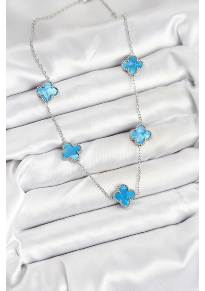 316L Çelik Zincir Gümüş Buz Mavisi Renk Yonca Kadın Kolye - TJ-BKO10582 fiyatları