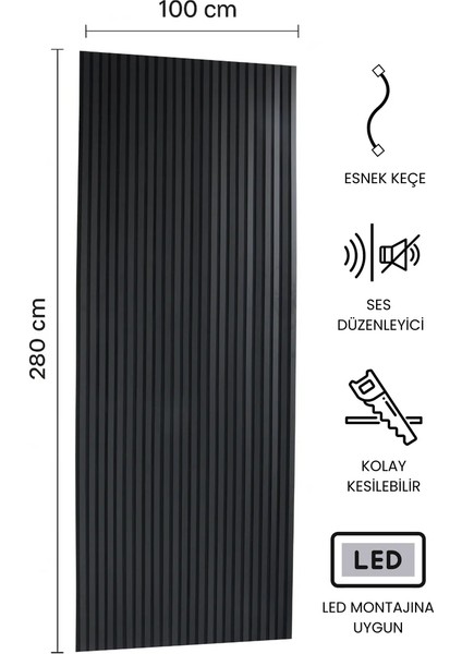 Akustik Duvar Paneli Siyah 100 x 280 cm